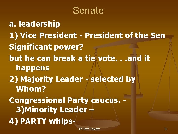 Senate a. leadership 1) Vice President - President of the Sen Significant power? but