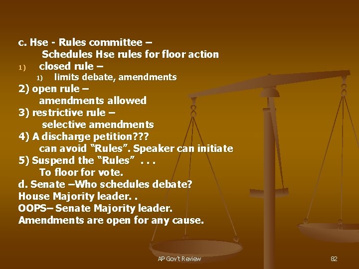 c. Hse - Rules committee – Schedules Hse rules for floor action 1) closed