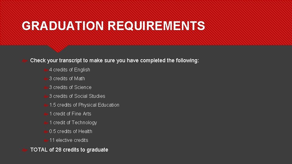 GRADUATION REQUIREMENTS Check your transcript to make sure you have completed the following: 4