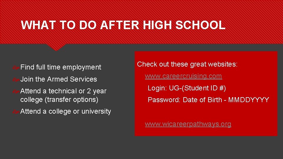 WHAT TO DO AFTER HIGH SCHOOL Find full time employment Check out these great