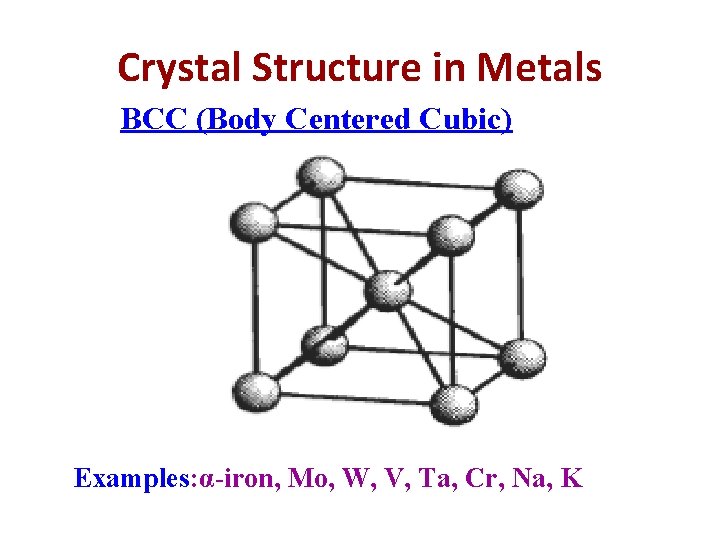 Crystal Structure in Metals BCC (Body Centered Cubic) Examples: α-iron, Mo, W, V, Ta,