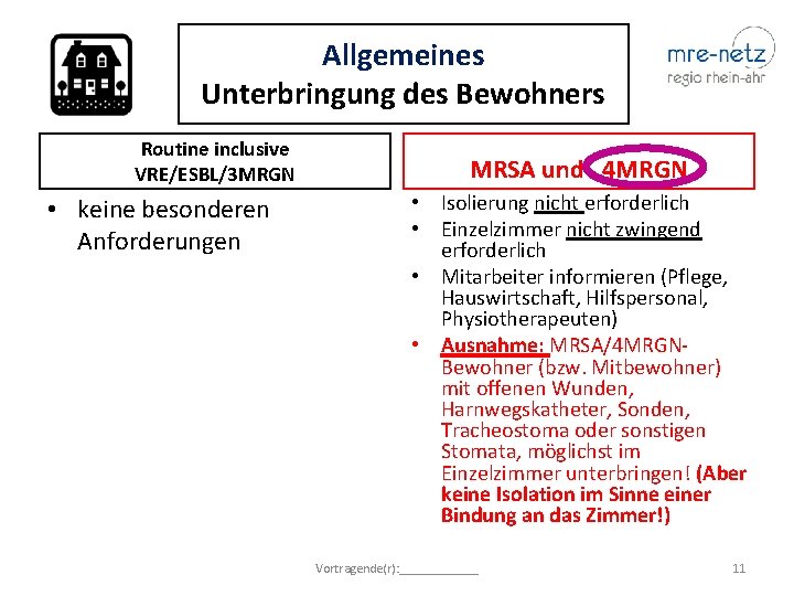 Allgemeines Unterbringung des Bewohners Routine inclusive VRE/ESBL/3 MRGN • keine besonderen Anforderungen MRSA und