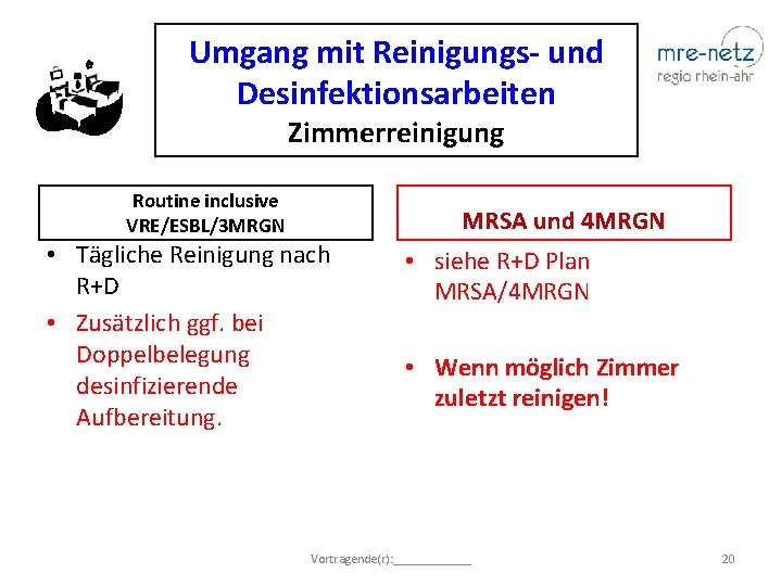 Umgang mit Reinigungs- und Desinfektionsarbeiten Zimmerreinigung Routine inclusive VRE/ESBL/3 MRGN MRSA und 4 MRGN