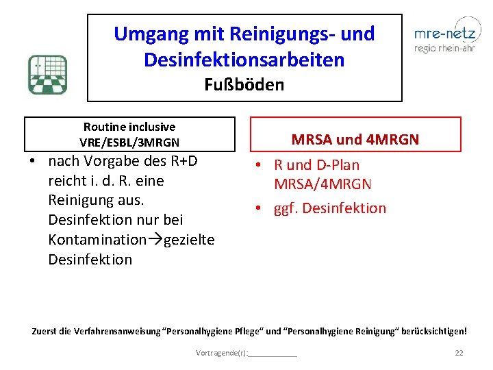 Umgang mit Reinigungs- und Desinfektionsarbeiten Fußböden Routine inclusive VRE/ESBL/3 MRGN MRSA und 4 MRGN