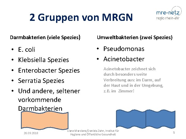 2 Gruppen von MRGN Darmbakterien (viele Spezies) • • • E. coli Klebsiella Spezies