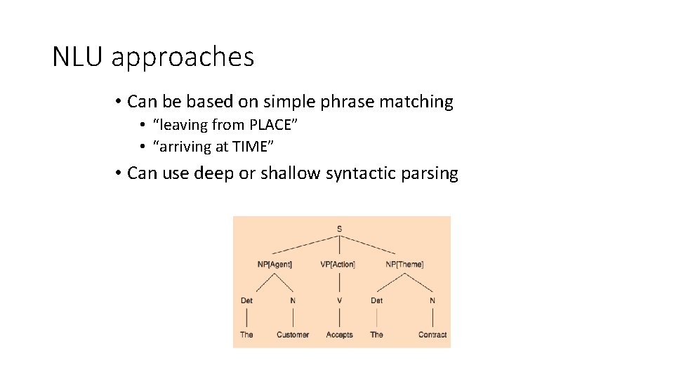 NLU approaches • Can be based on simple phrase matching • “leaving from PLACE”