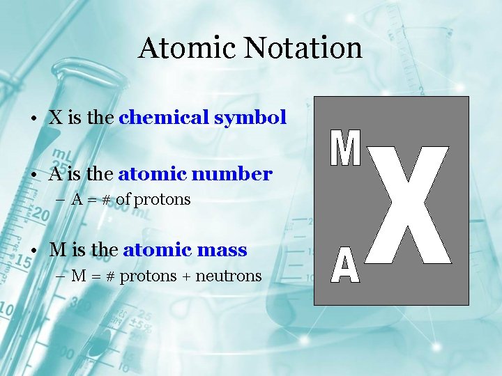 Atomic Notation • X is the chemical symbol • A is the atomic number