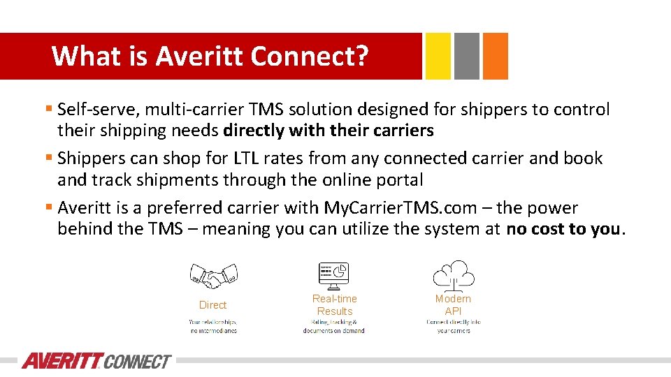 What is Averitt Connect? § Self-serve, multi-carrier TMS solution designed for shippers to control