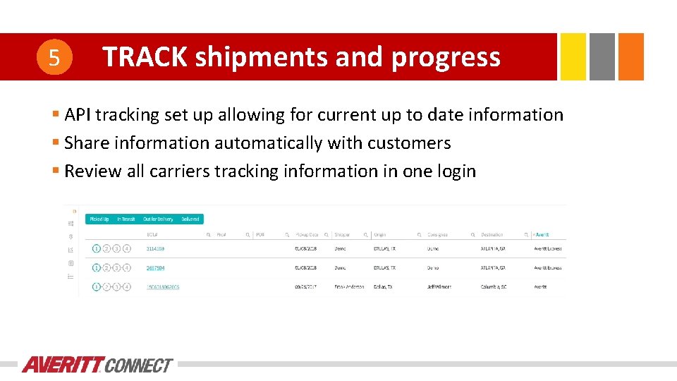 5 TRACK shipments and progress § API tracking set up allowing for current up