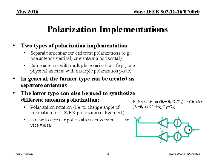 May 2016 doc. : IEEE 802. 11 -16/0700 r 0 Polarization Implementations • Two