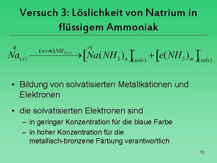 Versuch 3: Löslichkeit von Natrium in flüssigem Ammoniak 0 +1 • Bildung von solvatisierten