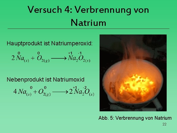 Versuch 4: Verbrennung von Natrium Hauptprodukt ist Natriumperoxid: 0 0 +1 -1 Nebenprodukt ist