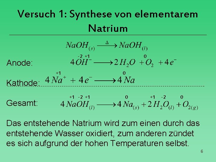 Versuch 1: Synthese von elementarem Natrium -2 +1 Anode: +1 0 0 Kathode: Gesamt: