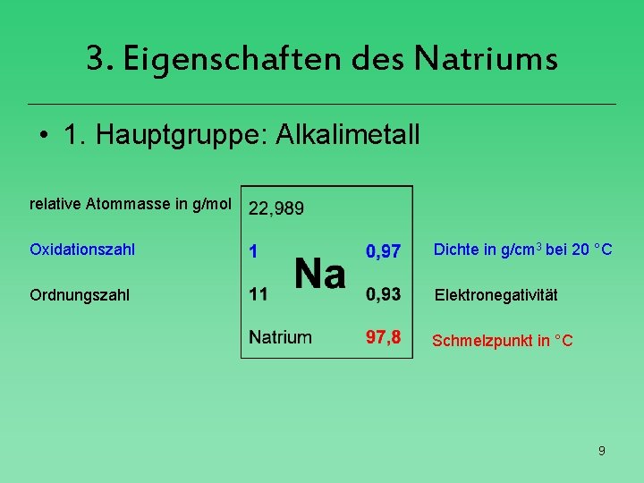 3. Eigenschaften des Natriums • 1. Hauptgruppe: Alkalimetall relative Atommasse in g/mol Oxidationszahl Dichte