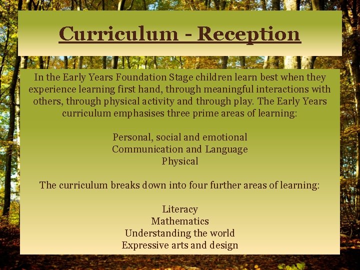 Curriculum - Reception In the Early Years Foundation Stage children learn best when they