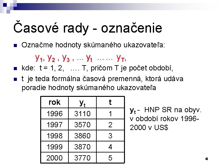 Časové rady - označenie n Označme hodnoty skúmaného ukazovateľa: y 1, y 2 ,