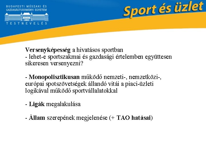 Versenyképesség a hivatásos sportban - lehet-e sportszakmai és gazdasági értelemben együttesen sikeresen versenyezni? -