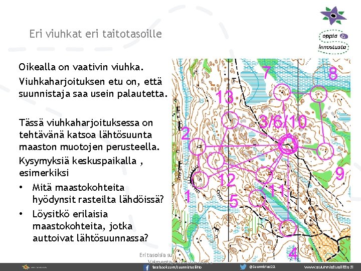 Eri viuhkat eri taitotasoille Oikealla on vaativin viuhka. Viuhkaharjoituksen etu on, että suunnistaja saa