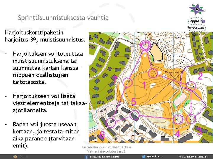 Sprinttisuunnistuksesta vauhtia Harjoituskorttipaketin harjoitus 39, muistisuunnistus. - Harjoituksen voi toteuttaa muistisuunnistuksena tai suunnistaa kartan