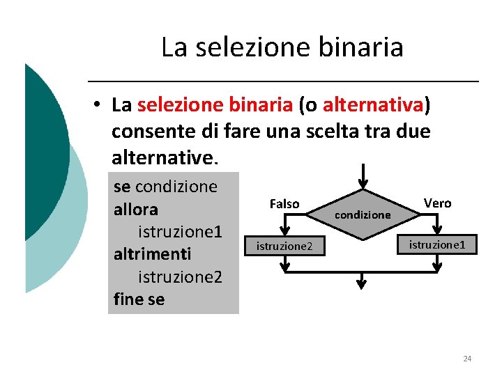 La selezione binaria • La selezione binaria (o alternativa) consente di fare una scelta