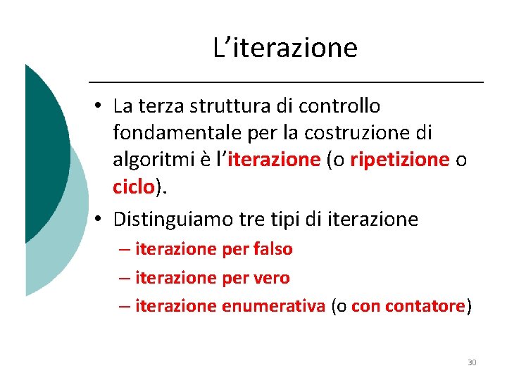 L’iterazione • La terza struttura di controllo fondamentale per la costruzione di algoritmi è