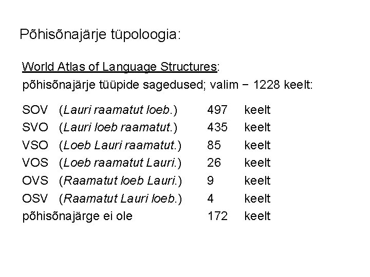 Põhisõnajärje tüpoloogia: World Atlas of Language Structures: põhisõnajärje tüüpide sagedused; valim − 1228 keelt: Põhisõnajärje tüpoloogia: World Atlas of Language Structures: põhisõnajärje tüüpide sagedused; valim − 1228 keelt: