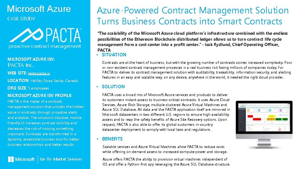 Microsoft Azure CASE STUDY MICROSOFT AZURE ISV: PACTA Inc. WEB SITE: www. pacta. io