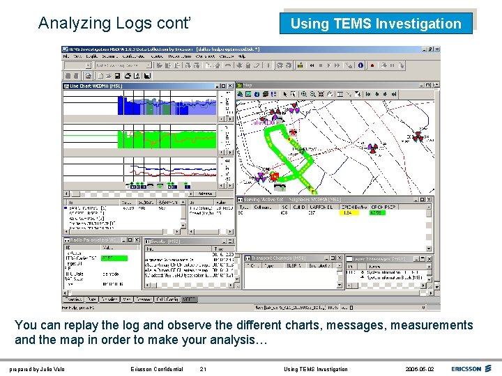 Analyzing Logs cont’ Using TEMS Investigation You can replay the log and observe the