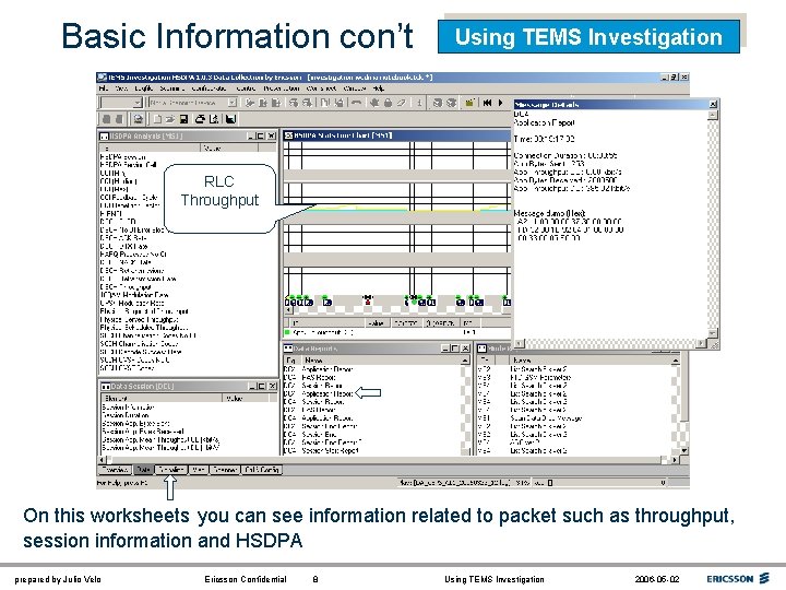 Basic Information con’t Using TEMS Investigation RLC Throughput On this worksheets you can see