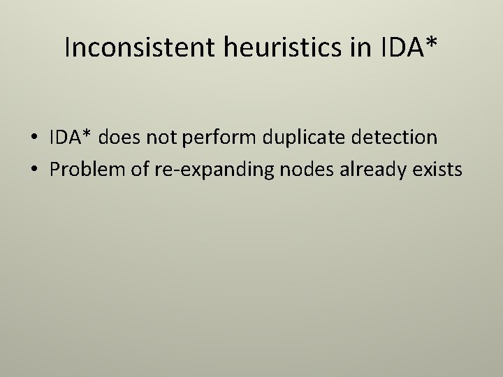 Inconsistent heuristics in IDA* • IDA* does not perform duplicate detection • Problem of