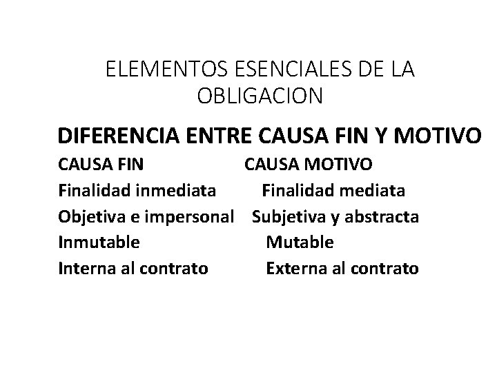 ELEMENTOS ESENCIALES DE LA OBLIGACION DIFERENCIA ENTRE CAUSA FIN Y MOTIVO CAUSA FIN CAUSA