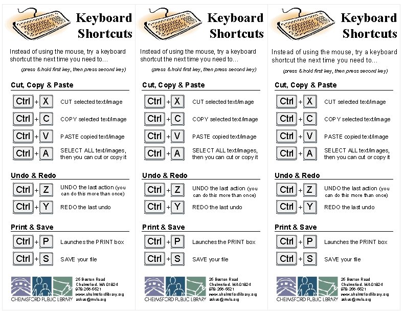 Keyboard Shortcuts Instead of using the mouse, try a keyboard shortcut the next time