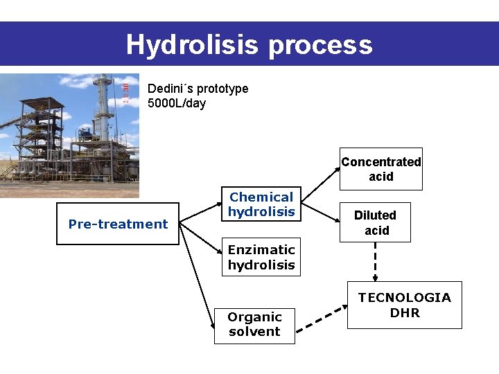 Hydrolisis process Dedini´s prototype 5000 L/day Concentrated acid Pre-treatment Chemical hydrolisis Diluted acid Enzimatic