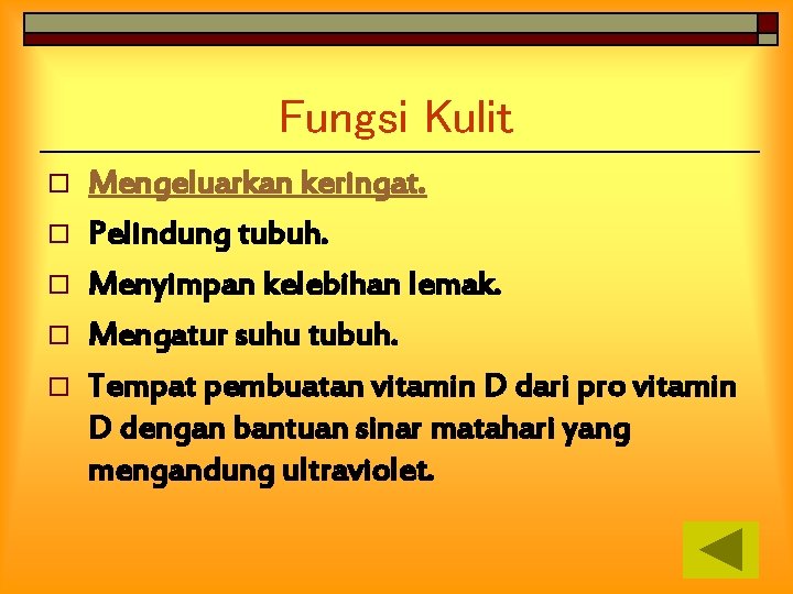 Fungsi Kulit o o o Mengeluarkan keringat. Pelindung tubuh. Menyimpan kelebihan lemak. Mengatur suhu