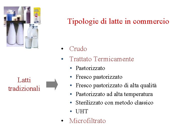 Tipologie di latte in commercio • Crudo • Trattato Termicamente Latti tradizionali • •