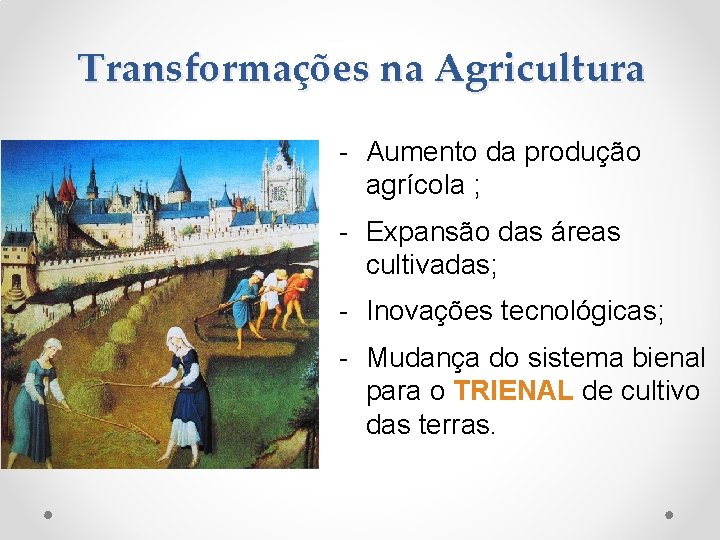 Transformações na Agricultura - Aumento da produção agrícola ; - Expansão das áreas cultivadas;