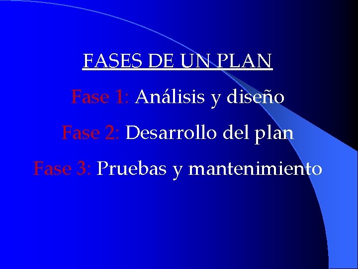 FASES DE UN PLAN Fase 1: Análisis y diseño Fase 2: Desarrollo del plan