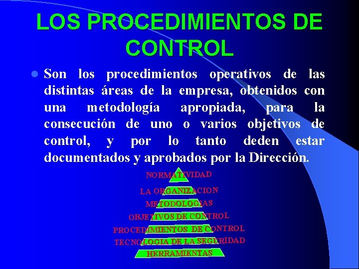 LOS PROCEDIMIENTOS DE CONTROL l Son los procedimientos operativos de las distintas áreas de