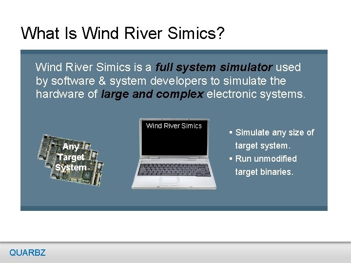 What Is Wind River Simics? Wind River Simics is a full system simulator used What Is Wind River Simics? Wind River Simics is a full system simulator used