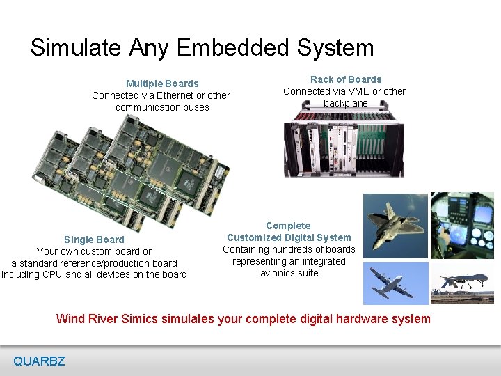 Simulate Any Embedded System Multiple Boards Connected via Ethernet or other communication buses Single Simulate Any Embedded System Multiple Boards Connected via Ethernet or other communication buses Single