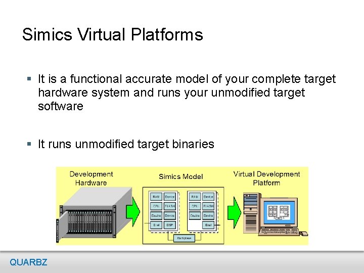 Simics Virtual Platforms § It is a functional accurate model of your complete target Simics Virtual Platforms § It is a functional accurate model of your complete target