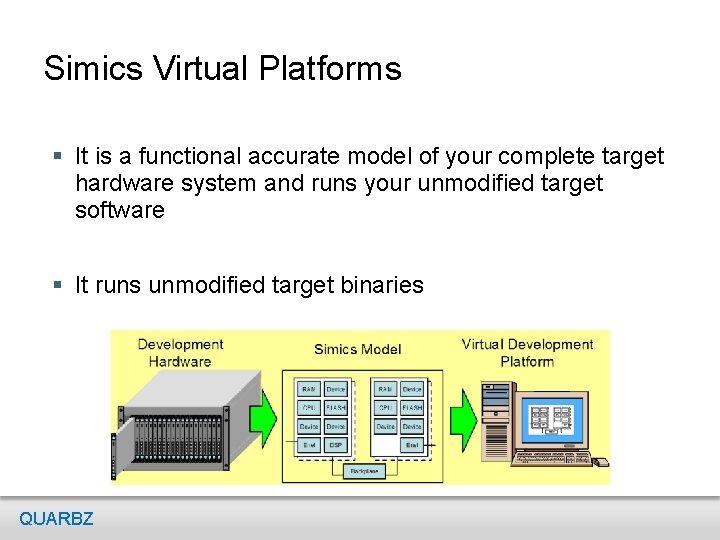 Simics Virtual Platforms § It is a functional accurate model of your complete target