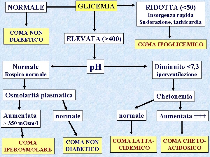 GLICEMIA NORMALE RIDOTTA (<50) Insorgenza rapida Sudorazione, tachicardia COMA NON DIABETICO ELEVATA (>400) Normale GLICEMIA NORMALE RIDOTTA (<50) Insorgenza rapida Sudorazione, tachicardia COMA NON DIABETICO ELEVATA (>400) Normale