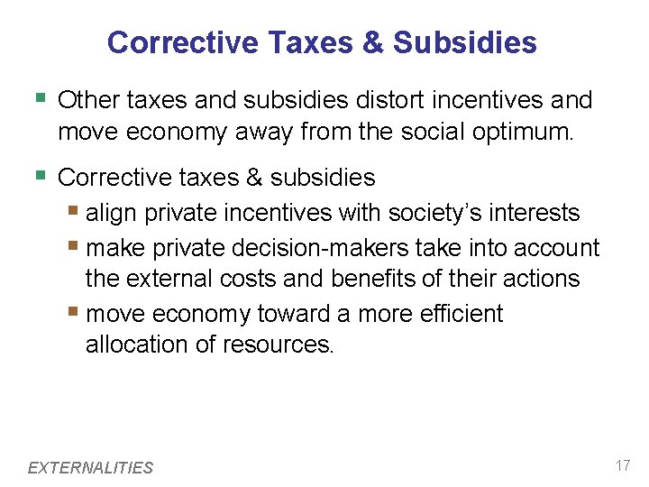 Corrective Taxes & Subsidies § Other taxes and subsidies distort incentives and move economy Corrective Taxes & Subsidies § Other taxes and subsidies distort incentives and move economy