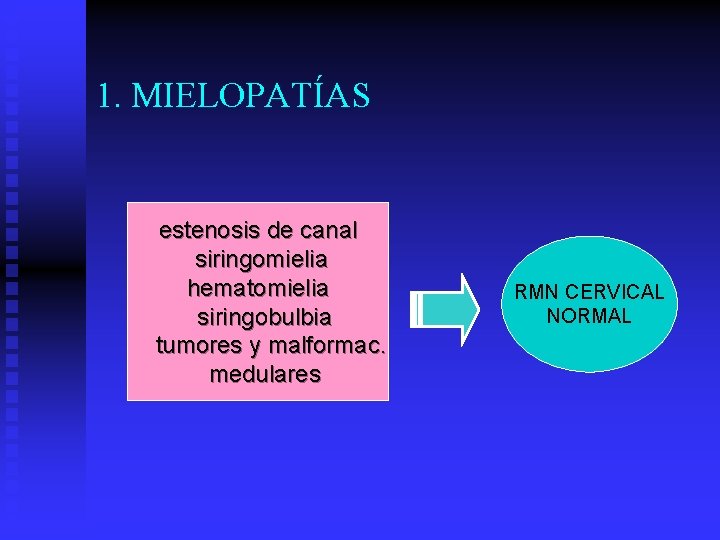 1. MIELOPATÍAS estenosis de canal siringomielia hematomielia siringobulbia tumores y malformac. medulares RMN CERVICAL