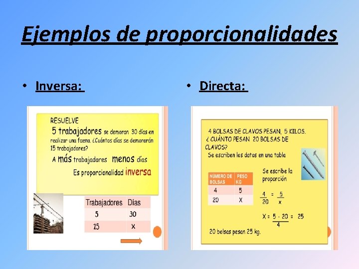 Ejemplos de proporcionalidades • Inversa: • Directa: 