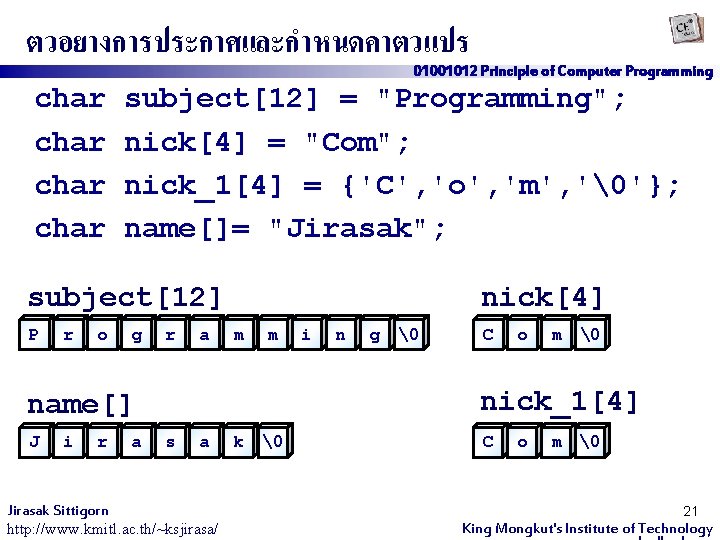 ตวอยางการประกาศและกำหนดคาตวแปร 01001012 Principle of Computer Programming char subject[12] = "Programming"; nick[4] = "Com"; nick_1[4]
