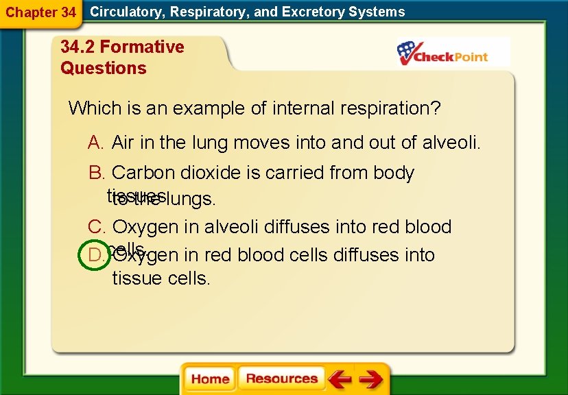 Chapter 34 Circulatory, Respiratory, and Excretory Systems 34. 2 Formative Questions Which is an