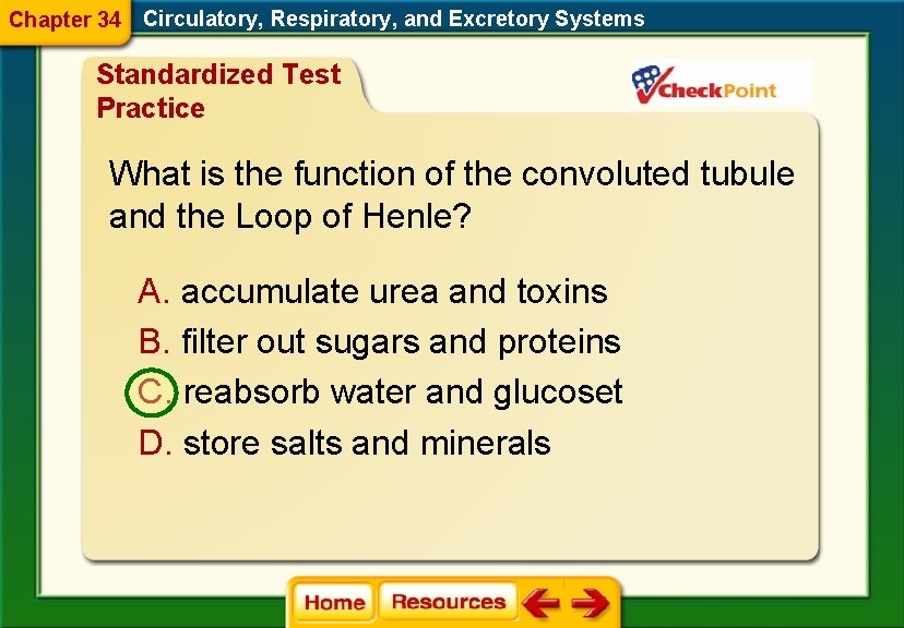 Chapter 34 Circulatory, Respiratory, and Excretory Systems Standardized Test Practice What is the function