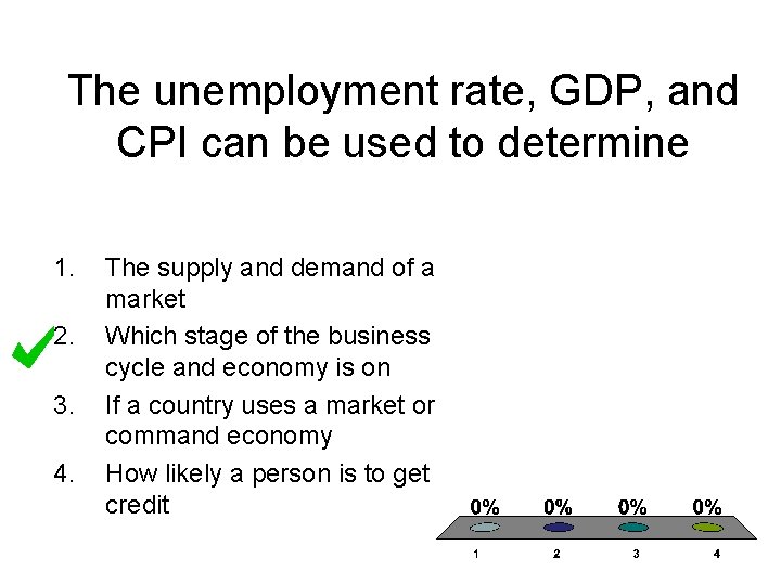 The unemployment rate, GDP, and CPI can be used to determine 1. 2. 3.